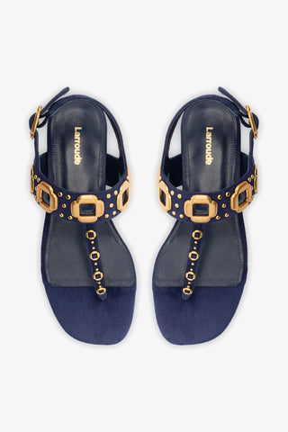 Sandália Flat Milan Camurça Azul e Tachas Dourado