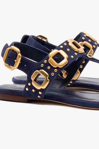 Sandália Flat Milan Couro Azul e Tachas Dourado