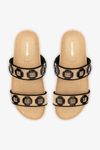 Flat Milan Ráfia Bege e Camurça Preto Womens - Shoes - Slides Larroudé