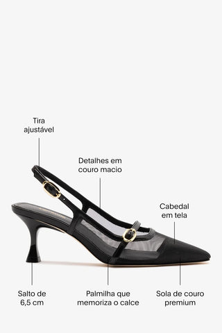Slingback Ines Tela e Couro Preto