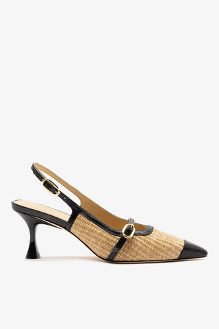Slingback Ines Ráfia Natural e Couro Preto Pump Larroudé