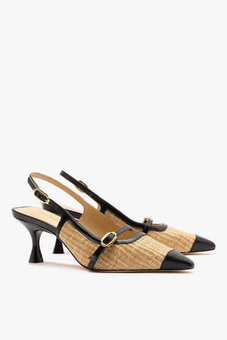 Slingback Ines Ráfia Natural e Couro Preto Pump Larroudé