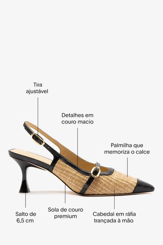 Slingback Ines Ráfia Natural e Couro Preto Pump Larroudé