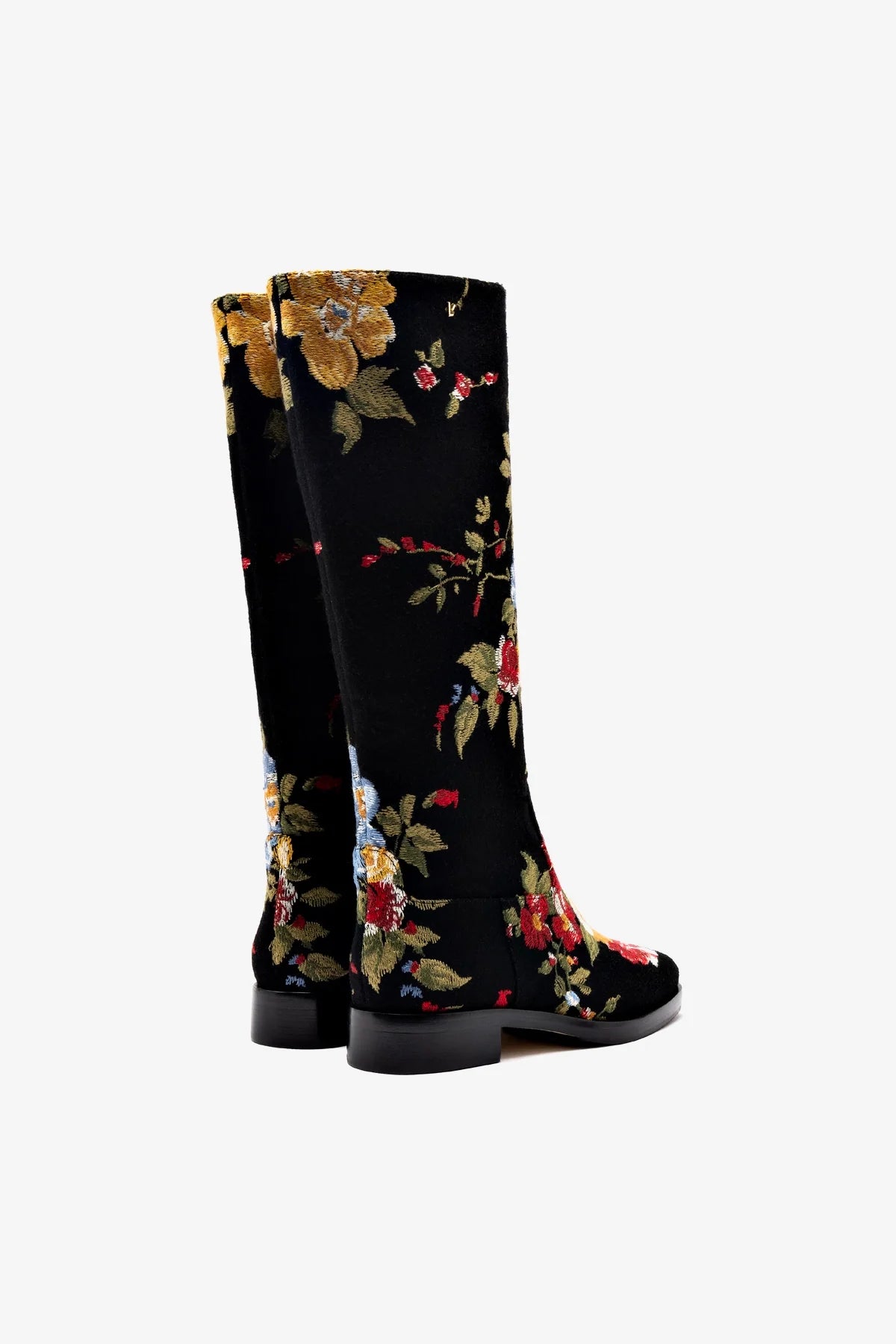 Larroudé x Markarian Flat Boot In Black Wool and Floral Embroidery