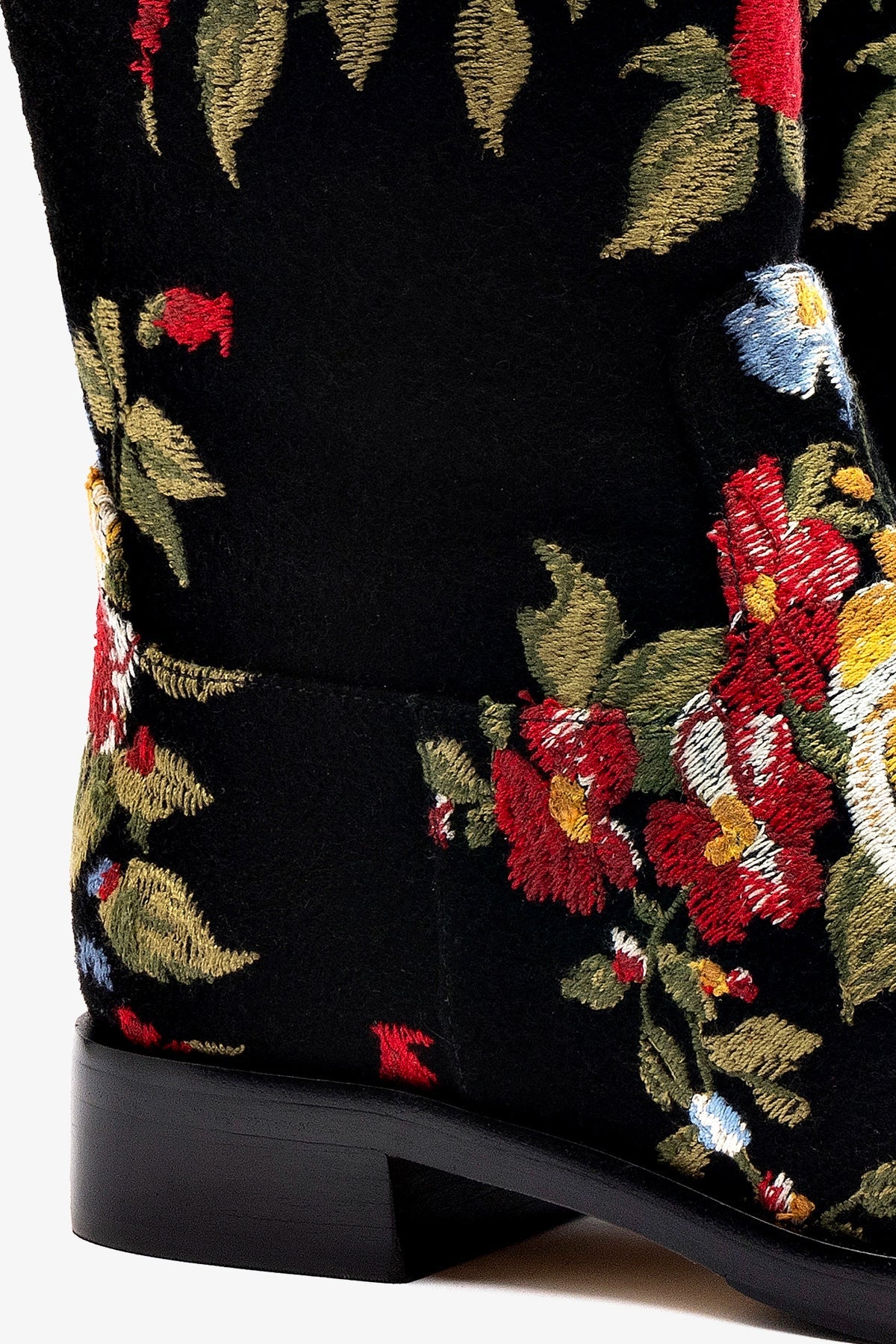 Larroudé x Markarian Flat Boot In Black Wool and Floral Embroidery