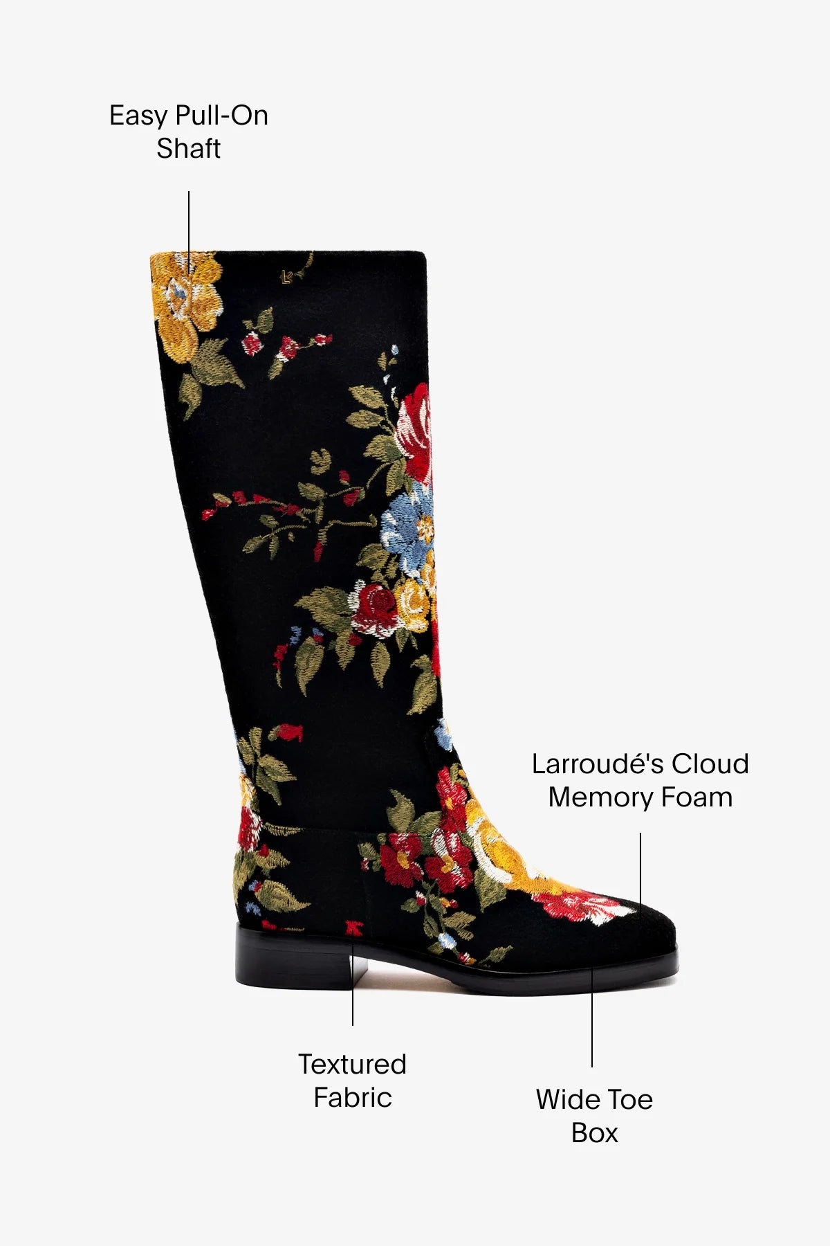 Larroudé x Markarian Flat Boot In Black Wool and Floral Embroidery