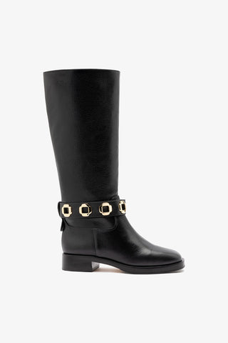 Bota Flat Milan Couro Preto Boot Larroudé