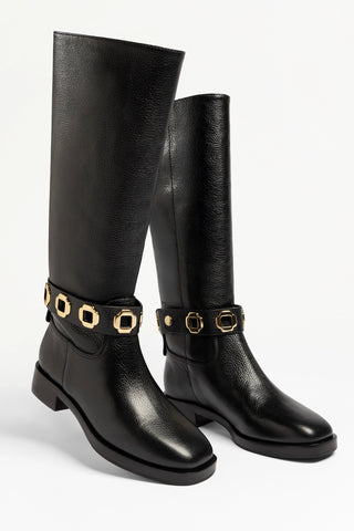 Bota Flat Milan Couro Preto Boot Larroudé