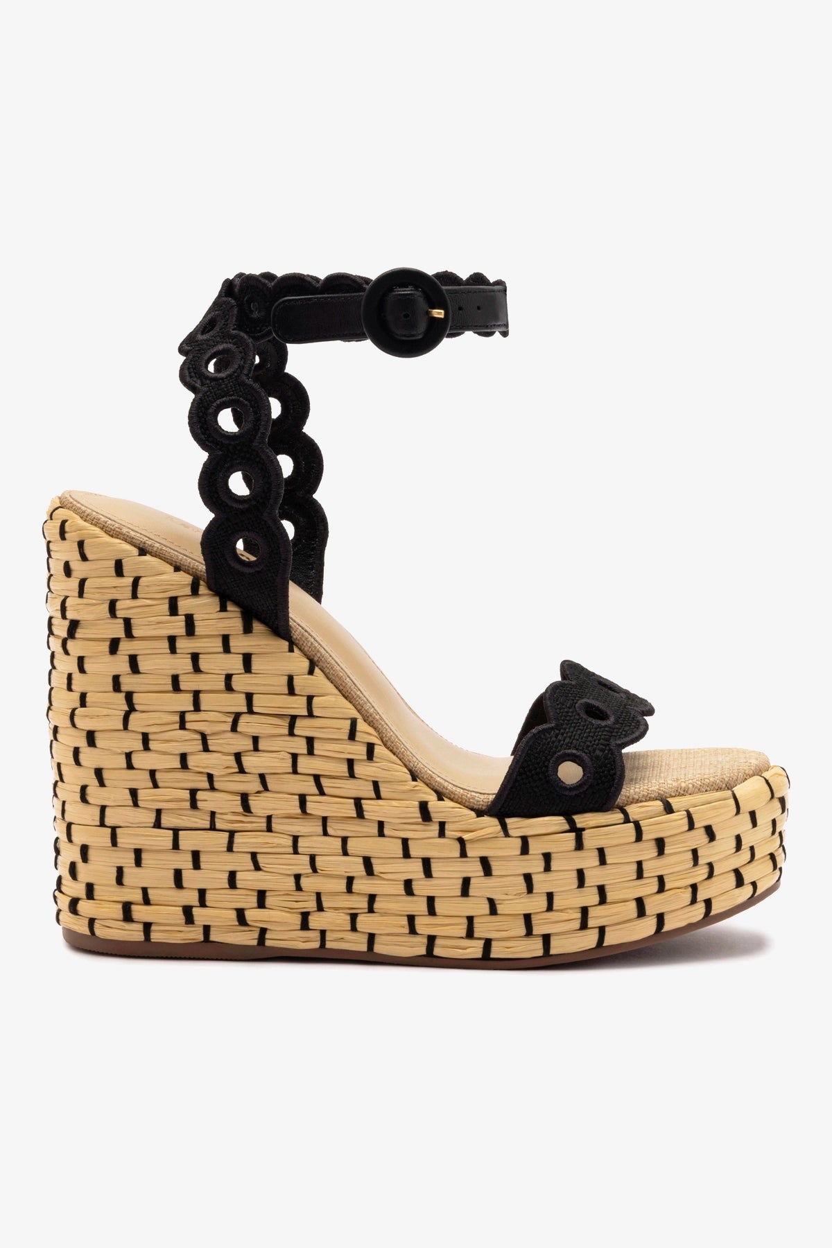 Florence Broderie Wedge In Beige and Black Raffia