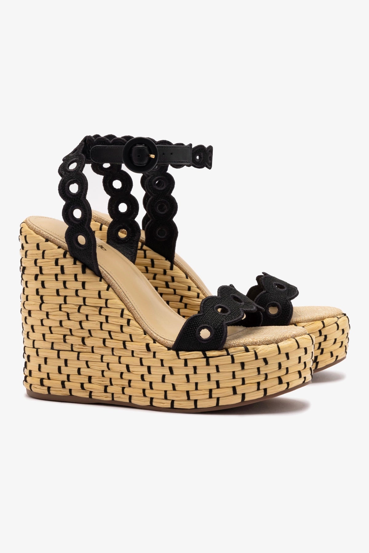 Florence Broderie Wedge In Beige and Black Raffia