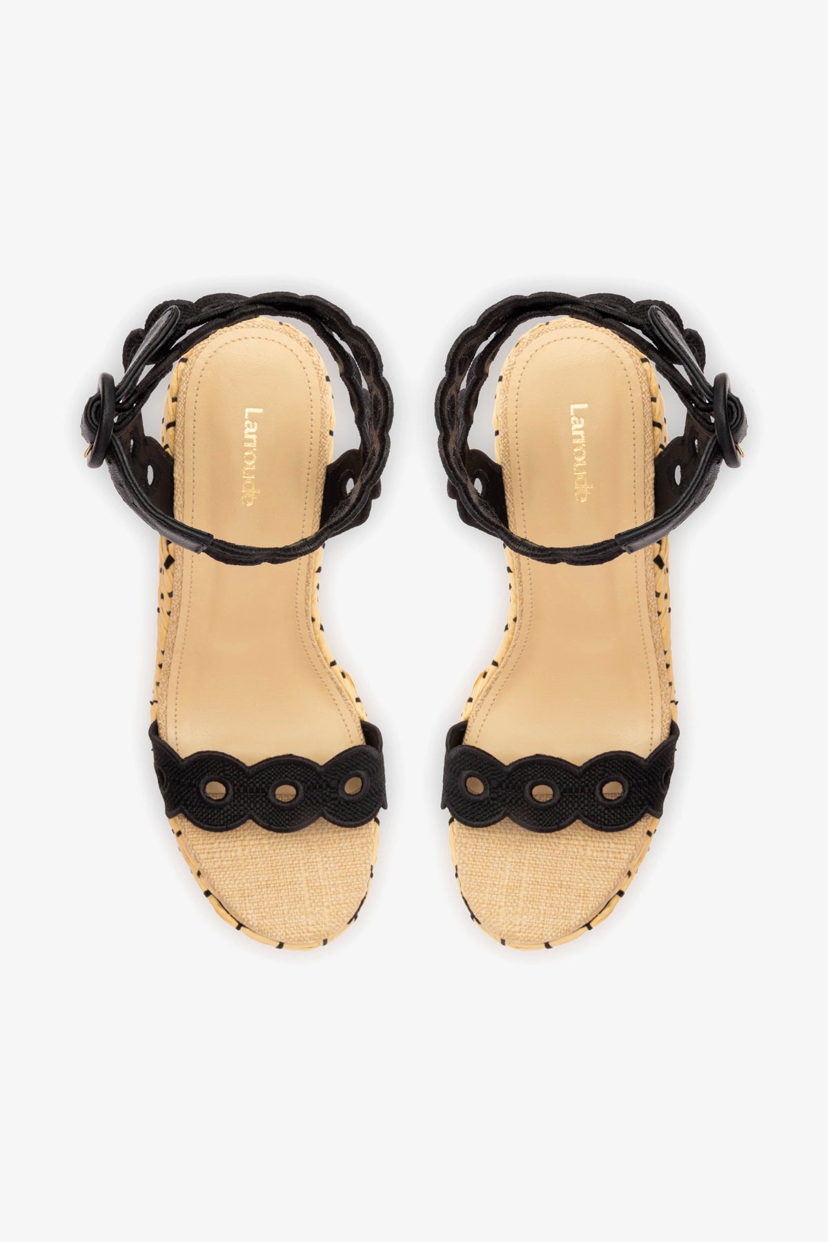 Florence Broderie Wedge In Beige and Black Raffia