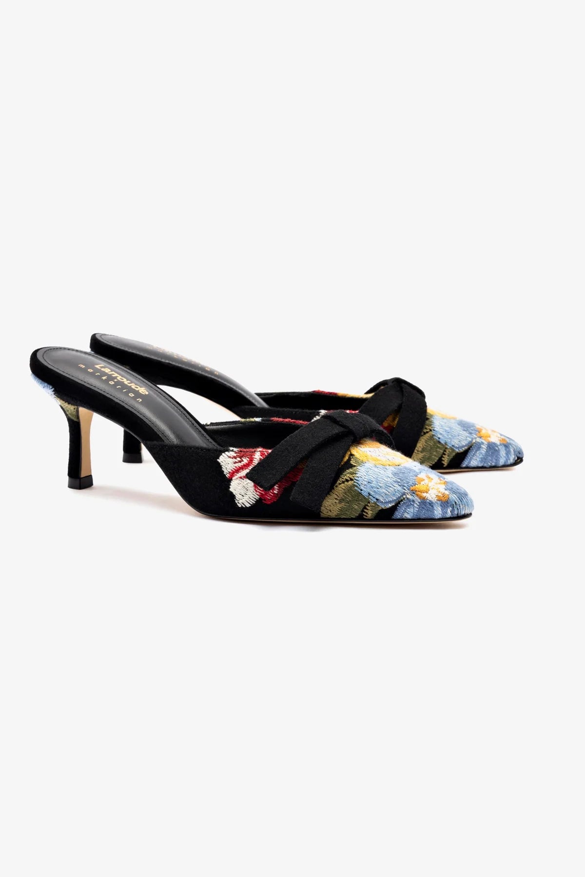 Larroudé x Markarian Mule In Black Wool and Floral Embroidery