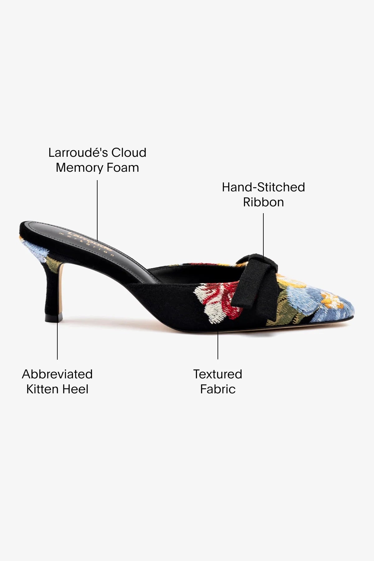 Larroudé x Markarian Mule In Black Wool and Floral Embroidery