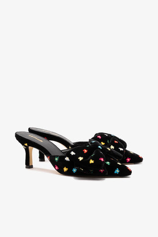 Mule Elle Mini Veludo Preto e Bordado Floral