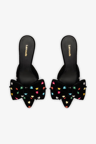 Mule Elle Mini Veludo Preto e Bordado Floral