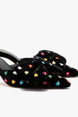 Mule Elle Mini Veludo Preto e Bordado Floral