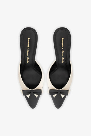 Larroudé x Tanner Fletcher: Mule Elle Smoking Couro Preto e Off White Mule Larroudé x Tanner Fletcher