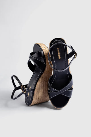 Sandália Anabela Espadrille Bianca Couro Preto Womens - Shoes - Sandals Larroudé
