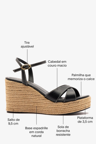 Sandália Anabela Espadrille Bianca Couro Preto Sandal Larroudé