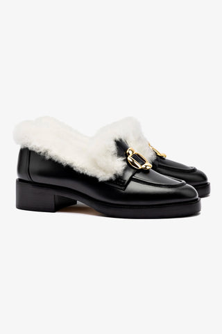 Bobbie Loafer In Black Leather and Natural Shearling