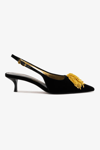 Larroudé x Angelica Hicks: Slingback Beaded Seda Preto e Bordado Dourado