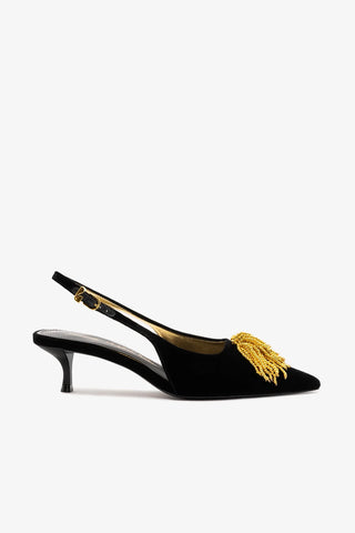 Larroudé x Angelica Hicks: Slingback Beaded Seda Preto e Bordado Dourado