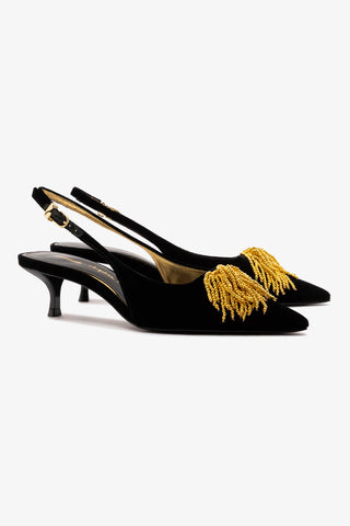 Larroudé x Angelica Hicks: Slingback Beaded Seda Preto e Bordado Dourado