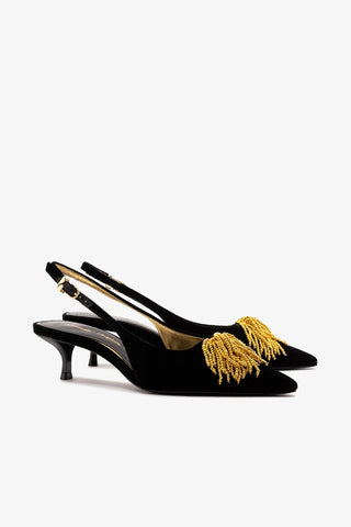 Larroudé x Angelica Hicks: Slingback Beaded Seda Preto e Bordado Dourado