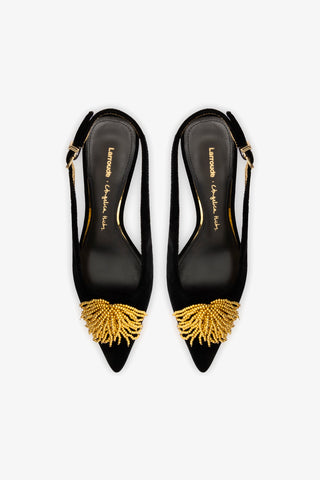 Larroudé x Angelica Hicks: Slingback Beaded Seda Preto e Bordado Dourado