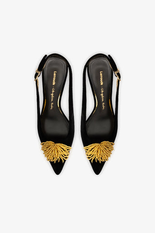Larroudé x Angelica Hicks: Slingback Beaded Seda Preto e Bordado Dourado