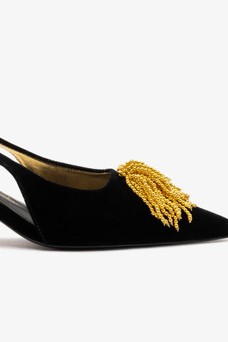 Larroudé x Angelica Hicks: Slingback Beaded Seda Preto e Bordado Dourado