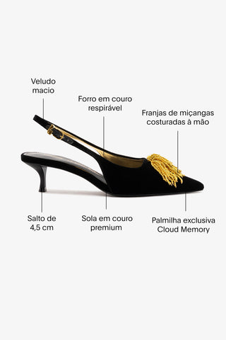 Larroudé x Angelica Hicks: Slingback Beaded Seda Preto e Bordado Dourado