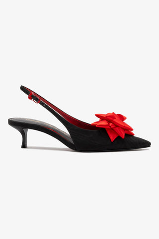 Larroudé x Angelica Hicks: Slingback Bow Seda Preto e Cetim Vermelho