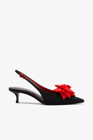Larroudé x Angelica Hicks: Slingback Bow Seda Preto e Cetim Vermelho