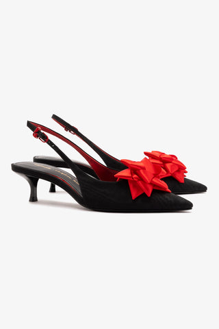 Larroudé x Angelica Hicks: Slingback Bow Seda Preto e Cetim Vermelho