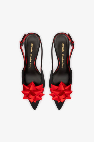 Larroudé x Angelica Hicks: Slingback Bow Seda Preto e Cetim Vermelho