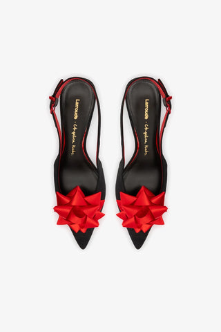 Larroudé x Angelica Hicks: Slingback Bow Seda Preto e Cetim Vermelho