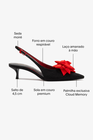 Larroudé x Angelica Hicks: Slingback Bow Seda Preto e Cetim Vermelho