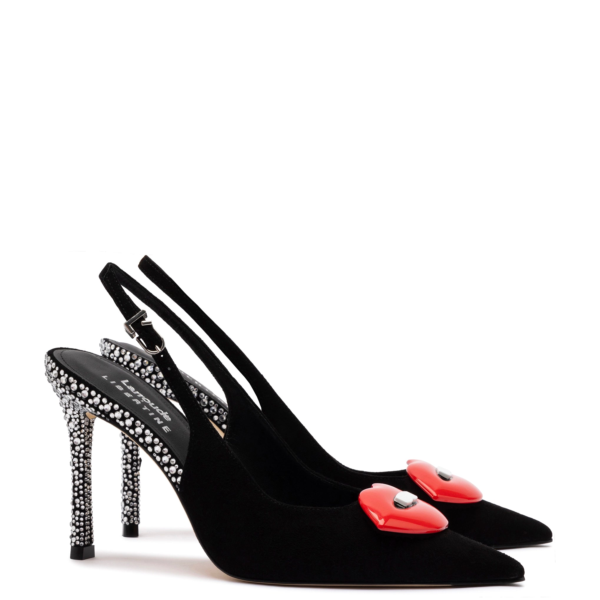 Larroudé x Libertine Lips Pump Hi In Black Suede and Crystals