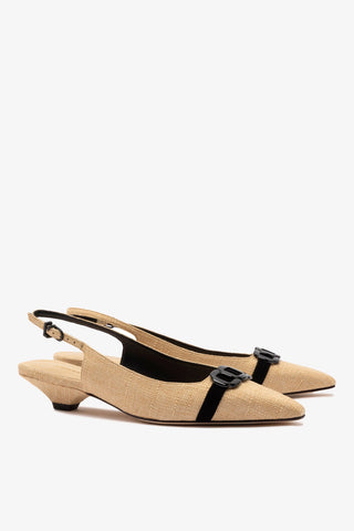 Slingback Franca Ráfia Bege e Camurça Preto Pump Larroudé