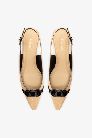 Slingback Franca Ráfia Bege e Camurça Preto Pump Larroudé