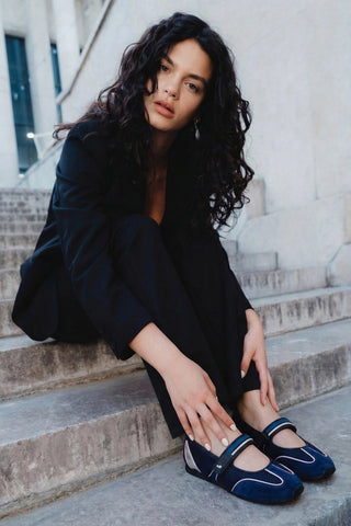 Sapatilha Devon Camurça Azul, Tela Preto e Couro Prateado Ballerina Larroudé