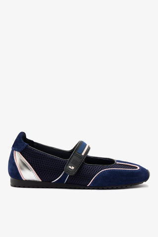 Sapatilha Devon Camurça Azul, Tela Preto e Couro Prateado Womens - Shoes - Flats Larroudé