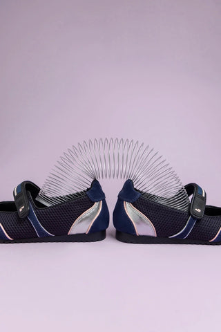 Sapatilha Devon Camurça Azul, Tela Preto e Couro Prateado Womens - Shoes - Flats Larroudé