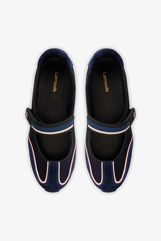 Sapatilha Devon Camurça Azul, Tela Preto e Couro Prateado Ballerina Larroudé