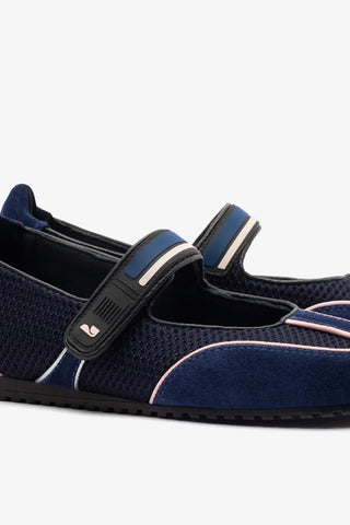 Sapatilha Devon Camurça Azul, Tela Preto e Couro Prateado Ballerina Larroudé