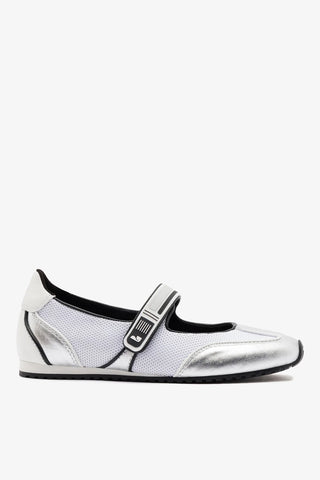Sneakerina Devon Tela Branco e Couro Prateado Womens - Shoes - Ballerina Larroudé