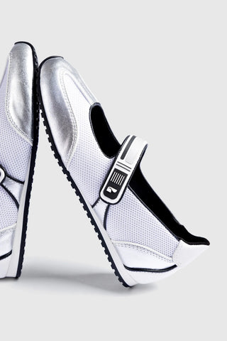 Sneakerina Devon Tela Branco e Couro Prateado Womens - Shoes - Ballerina Larroudé