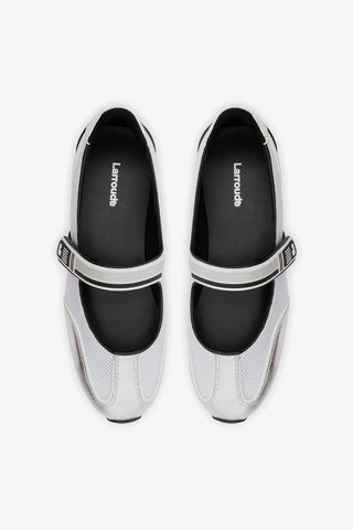 Sneakerina Devon Tela Branco e Couro Prateado Womens - Shoes - Ballerina Larroudé