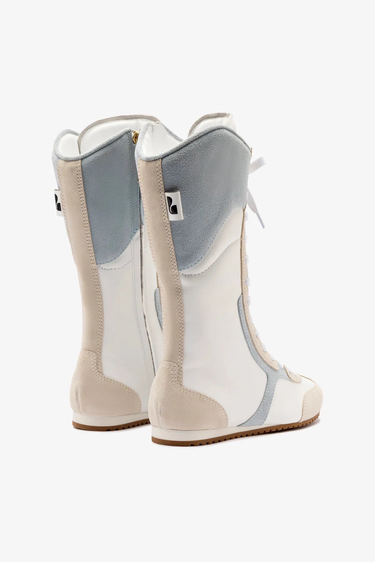 Larroude x Jonathan Cohen Flat Lo Sneaker Boot In White Leather, Maya and Mushroom Grey Suede